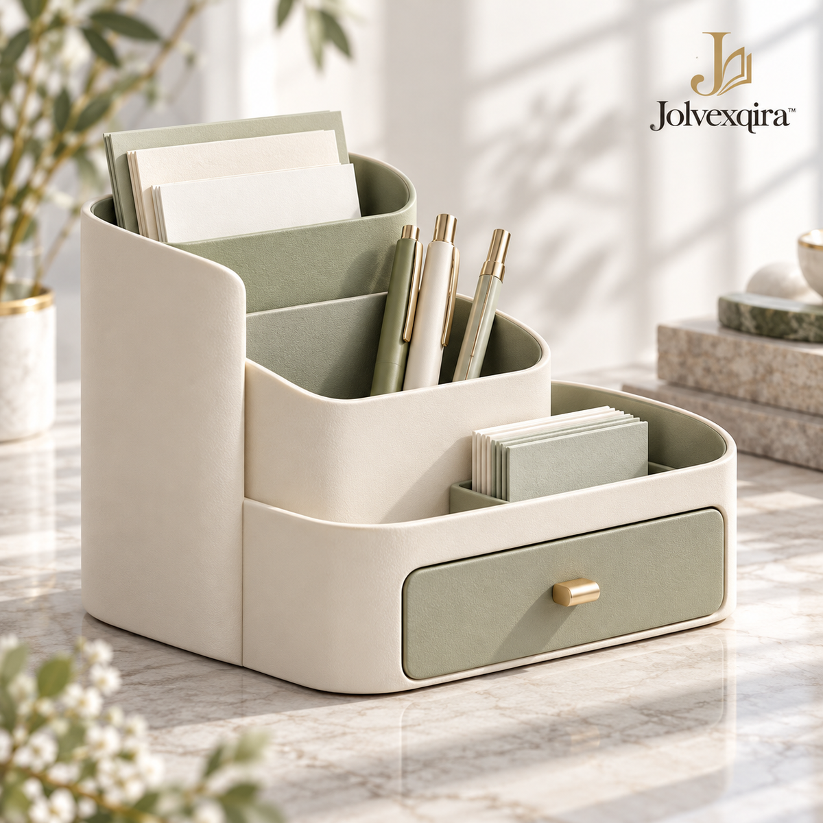 Ivory & Sage Desk Organizer with Drawer — main image