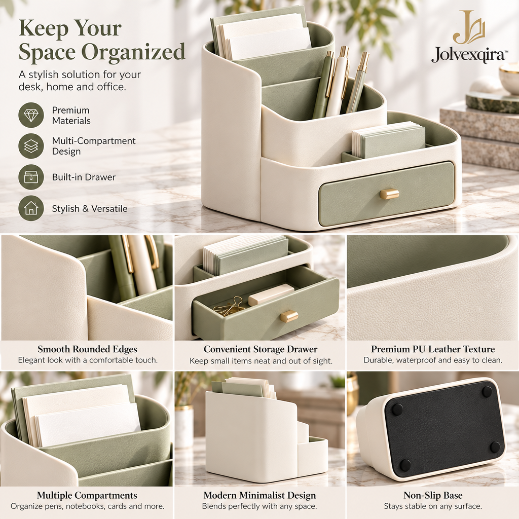 Ivory & Sage Desk Organizer with Drawer — design details