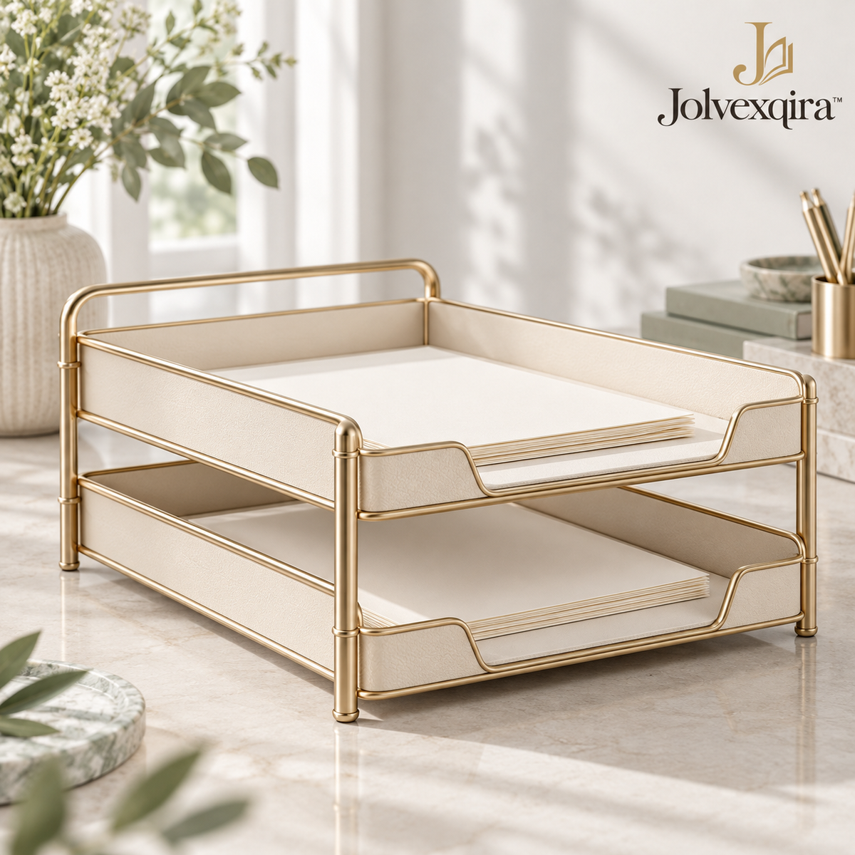 Ivory & Gold-Tone Two-Tier Paper Tray — main image